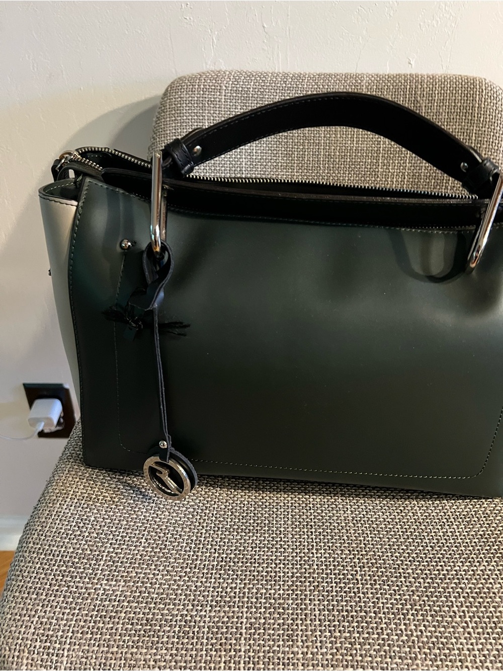 Arcadia Dark Green Leather Satchel with Black Trim and Silver Hardware